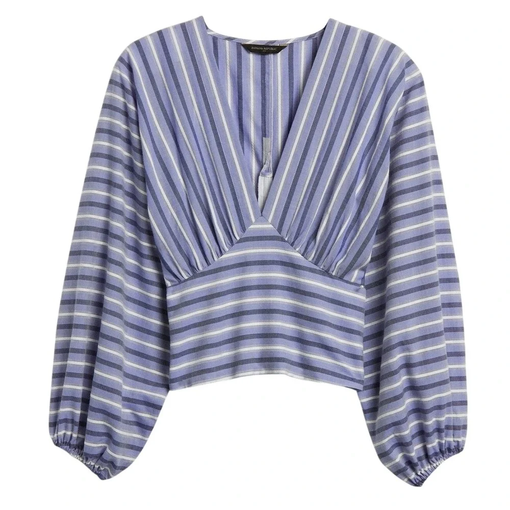 Banana Republic Striped Blouse Womens Small Blue Cropped Coastal Preppy Romantic